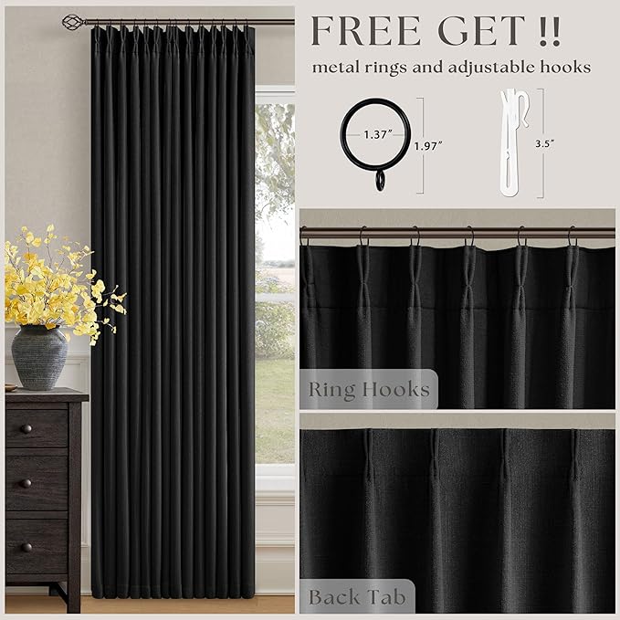 Pinch Pleated Blackout Curtains 102 Inches Long for Bedroom 100% Black Out Thick Linen Dual Layer Pinch Pleat Drapes with Back Tab Farmhouse Modern Black 102 Inch Curtain for Dining Living Room