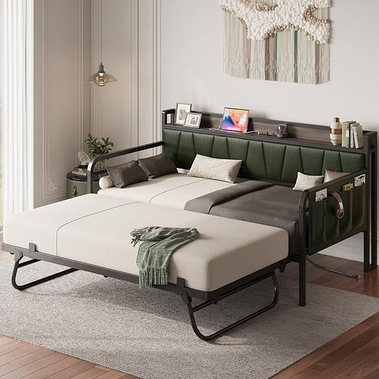 LIKIMIO Daybed with Trundle Bed, Twin XL Bed Frame with Storage Headboard and Charging Station, Sofa Day Bed with Strong Supports for Living Room, Bedroom, and Guest Room, Green