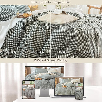 MooMee Gingham Duvet Cover Set 100% Washed Cotton Linen Like Textured Breathable Durable Soft Comfy Modern Checkered Design (Mini Gingham Forest Green, King 104"x90")