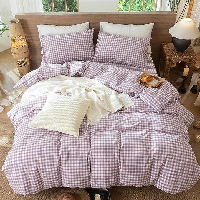 MooMee Gingham Duvet Cover Set 100% Washed Cotton Linen Like Textured Breathable Durable Soft Comfy Modern Checkered Design (Classic Gingham Light Purple, Full 80"x90")