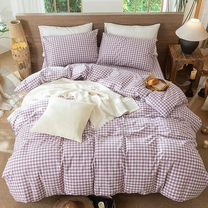 MooMee Gingham Duvet Cover Set 100% Washed Cotton Linen Like Textured Breathable Durable Soft Comfy Modern Checkered Design (Classic Gingham Light Purple, Queen 90"x90")