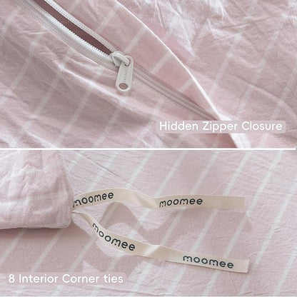 MooMee Striped Duvet Cover Set 100% Washed Cotton Linen Like Textured Breathable Durable Soft Comfy (Heathered Greyish Pink White Wide Stripes, Oversized Full 82"x86")