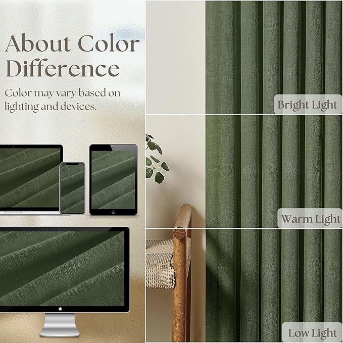 Loden 120 Inch Long Curtains Extra Long Olive Green Linen Pinch Pleated Curtains 2 Panels for Living Room Bedroom Thick Linen Pleated Hooks Rings Back Tab 120 Inch Drapes for Large Window