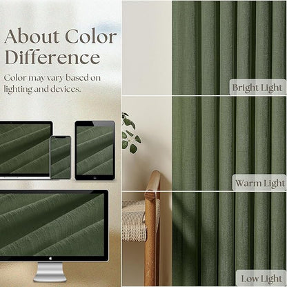 Pleated Linen Curtains 90 Inches Long for Living Room Pinch Pleat Hooks for Track System Back Tab Custom Made Memory Shape Drape Light Filtering Olive Green Living Room Bedroom Window Curtain 90 Inch