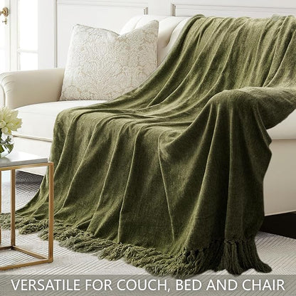 Chenille Throw Blanket for Couch 60"X 80" Twin, Soft Cozy Throws with Fringe Tassel for Bed Sofa Chair Cover, Lightweight Knitted Decorative Boho Blankets for Living Room, Olive Green