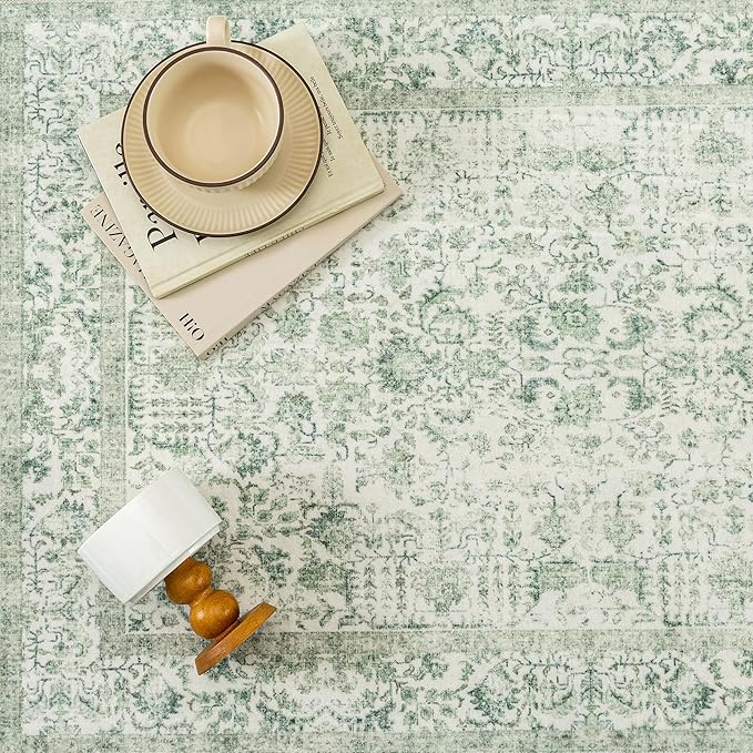Runner Rug 2x5 Sage Green Hallway Washable Vintage Distressed Kitchen Carpet Non Slip Neutral Low Pile Retro Floral Farmhouse Long Throw Rug Entryway Bathroom Office Laundry Dining Room