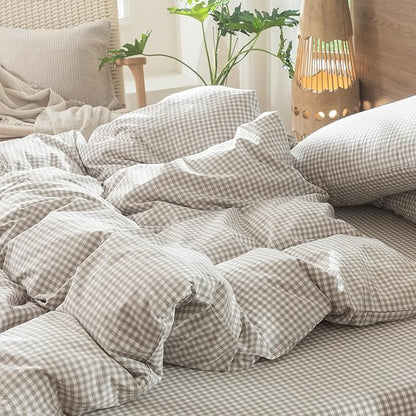 MooMee Gingham Duvet Cover Set 100% Washed Cotton Linen Like Textured Breathable Durable Soft Comfy Modern Checkered Design (Mini Gingham Tannish Linen Grey, Twin 68"x90")