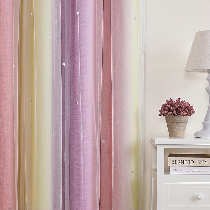 XiDi Curtains for Bedroom Decor, Rainbow Pink PurpleYellow34/45/1