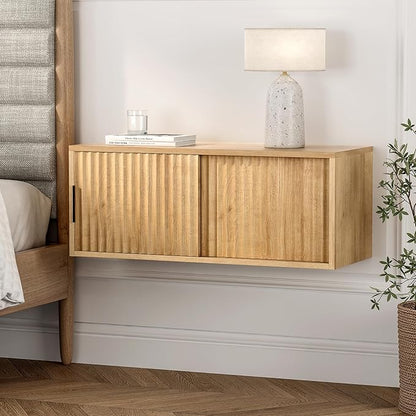 Floating TV Stands Set of 2, Modern Fluted Large Floating Nightstand Wall Mounted Bedside Cabinet with Sliding Doors for Bathroom, Living Room, Bedroom, Natural Oak