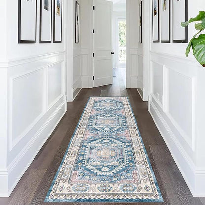 vivorug Blue Runner Rug 2x10 Machine Washable Rug with Non-Slip Backing, Ideal for Kitchen Hallway Entryway Laundry Room - Vintage, Durable, Easy Clean, Low Pile Carpet Runner
