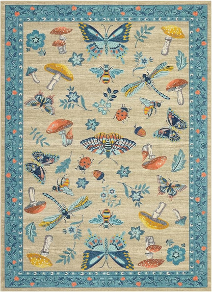 Mushroom Insect 8x10 Area Rugs, Washable Rugs for Living Room Non Slip Stain Resistant Low Pile Modern Butterfly Carpet for Bedroom Dining Room Nursery Playroom Office, Khaki Blue