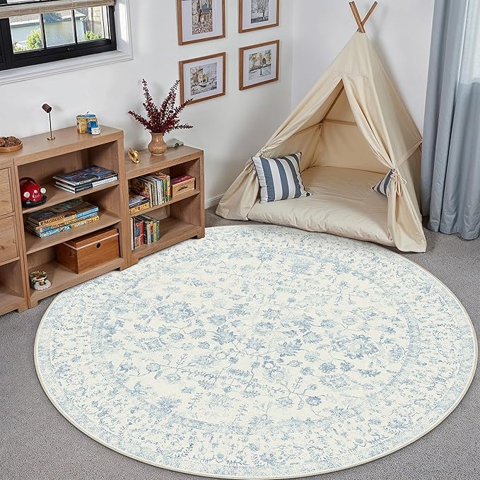 3ft Blue Round Area Rug Entryway Door Mat Small Circle 3x3 Kitchen Vintage Carpet Non Slip Indoor Bedroom Washable Distressed Floral Retro Accent Throw Rug Office Bathroom