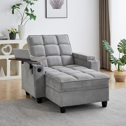 41.7" Chaise Lounge Chair Indoor, Oversized Boucle Upholstered Sofa Bed, Adjustable Backrest Deep Seat Reading Chair, Sofas Couches for Living Room with Storage, Cup Holders & 360° Swivel Side Table
