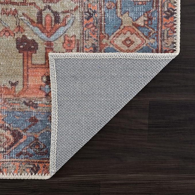 Bloom Rugs Washable 9' x 12' Rug - Terracotta/Blue Traditional Area Rug for Living Room, Bedroom, Dining Room, and Kitchen - Exact Size: 9' x 12'