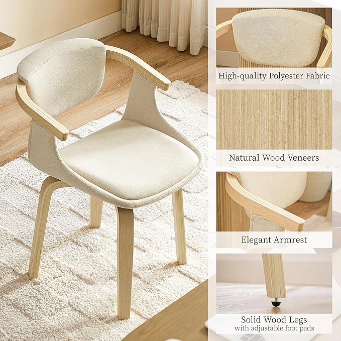 Art Leon Swivel Dining Chairs - Mid Century Modern Fabric Upholstered Kitchen Dining Room Chair with Arms, Desk Chairs No Wheels, Set of 2, Off White