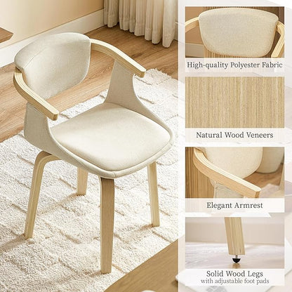Art Leon Swivel Dining Chairs - Mid Century Modern Fabric Upholstered Kitchen Dining Room Chair with Arms, Desk Chairs No Wheels, Set of 2, Off White