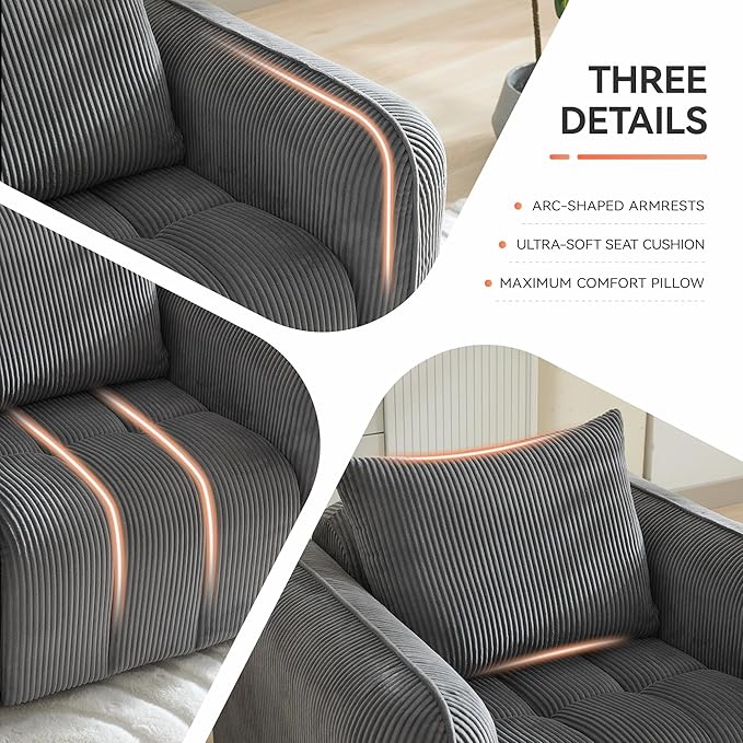 Corduroy Boneless Living Room Sets, Modern Upholstered Loveseat with 2 Signle Sofa Chairs, Comfy Deep Seat Cloud Sofa Couch Sets for Living Room, Grey
