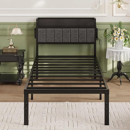 16 Inch Twin XL Bed Frames with Upholstered Storage Headboard, Heavy Duty XL Twin Bed Frame No Box Spring Need, Gray