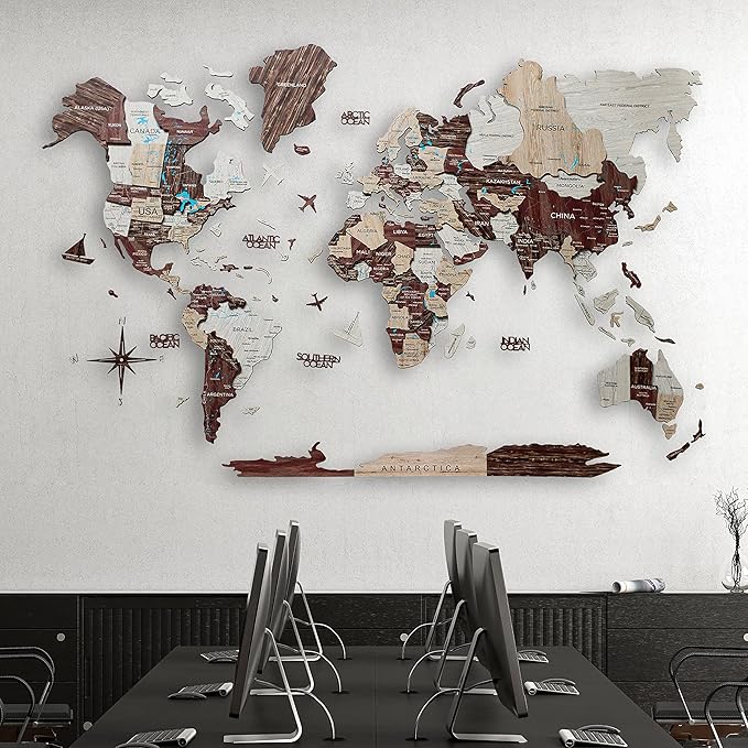 Handmade 3D Wood World Map Wall Art Large Wall Decor Track Your World Travels - Special for Home, Kitchen and Office (X-Large, Cappuccino)