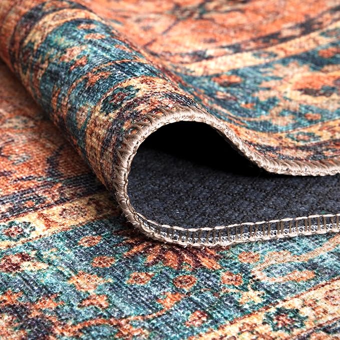 Bloom Rugs Washable Non-Slip 2' x 3' Rug - Orange/Teal Blue Traditional Bordered Area Rug for Living Room, Bedroom, Dining Room, and Kitchen - Exact Size: 2' x 3'