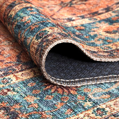 Bloom Rugs Washable Non-Slip 3' x 5' Rug - Orange/Teal Blue Traditional Bordered Area Rug for Living Room, Bedroom, Dining Room, and Kitchen - Exact Size: 3' x 5'