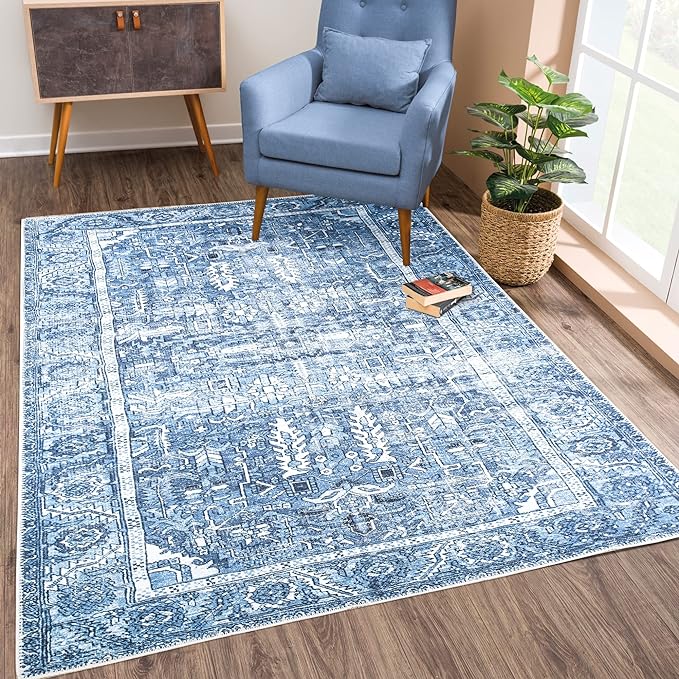 Bloom Rugs Washable Non-Slip 5' x 7' Rug - Blue Traditional Area Rug for Living Room, Bedroom, Dining Room, and Kitchen - Exact Size: 5' x 7'