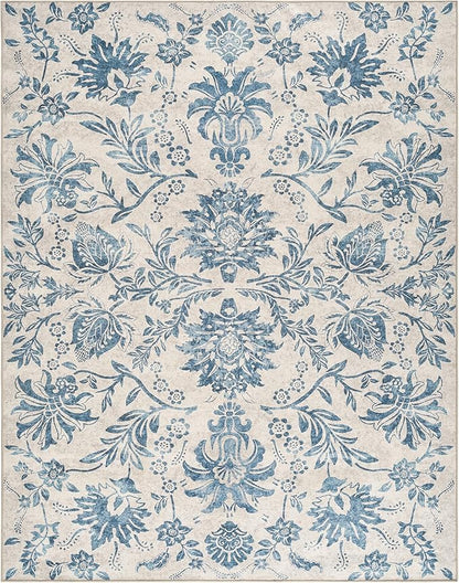 jinchan Torino Floral 8x10 Area Rugs, Vintage-Inspired Design Accent Living Room Rug, Machine Washable Ultra-Thin Low-Pile Non-Slip Traditional Carpet for Bedroom Dining Room Home Office, Dark Blue