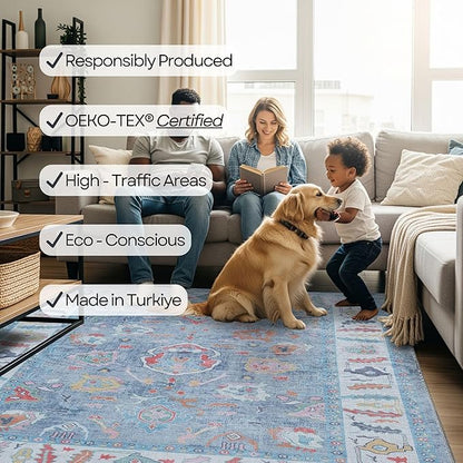 Fame Rugs Blue Modern Oushak Rug 8x10, Vintage Turkish Colorful Oriental Washable Antique Inspired Large Area Rugs, Luxury Living Room Bedroom (381LB, 7'6 x 10')