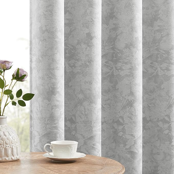 Beauoop Grey Floral Jacquard Blackout Curtains 120 Inches Long 2 Panels for Bedroom Living Room Gray Flower Chenille Room Darkening Thermal Soundproof Grommet Window Treatments Drapes, 52x120