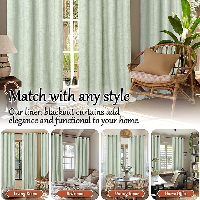 Sage Green Blackout Curtains for Living Room - Spring Linen Curtains 84 Inch Length Thermal Insulated Privacy Burlap Window Drapes for Bedroom Scandinavian Farmhouse, 2 Panels Each 52" Wide