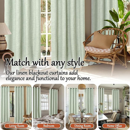 Sage Green Blackout Curtains for Bedroom - Linen Curtains 63 Inch Length Thermal Insulated Privacy Burlap Boho Window Drapes for Living Room Scandi Farmhouse Dining, 2 Panels, Each 52" Wide