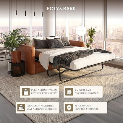 POLY & BARK Napa 82" Leather Pull‑Out Sleeper Sofa – Full‑Grain Italian Leather Upholstery,Tri‑Layer Mattress & Storage Console –Sophisticated Multi‑Functional Sofa Bed for Living Rooms & Guest Spaces
