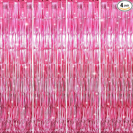 GOER 3.2 ft x 8.2 ft Metallic Tinsel Foil Fringe Curtains Party Photo Backdrop Party Streamers for Galentines Day,Birthday,Graduation,New Year Eve Decorations Wedding Decor (4 Packs,Hot Pink)