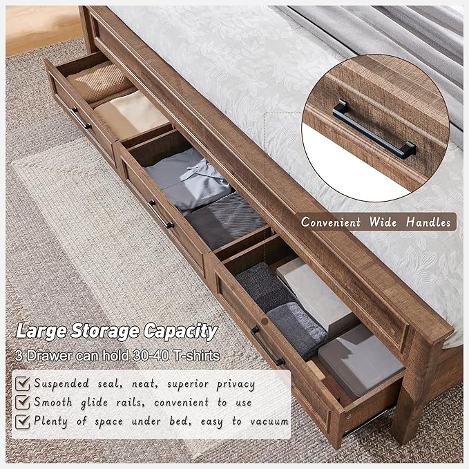 ACCOHOHO Farmhouse King Size Bed Frame with 52" Tall Headboard, Wood Platform Bedframe with Footboard and Storage Drawers, No Squeak, No Box Spring Needed, Light Brown