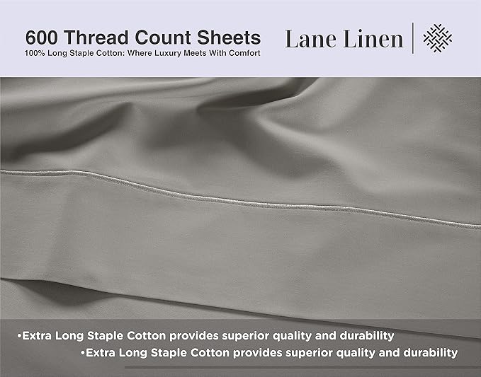 LANE LINEN King Sheet Set – 600 Thread Count Long Staple 100% Cotton King Size Sheet Set, Hotel Luxury Soft Silky Sateen Finish, Gentle on Body, Fully Elasticized 15" Deep Pocket – Silver
