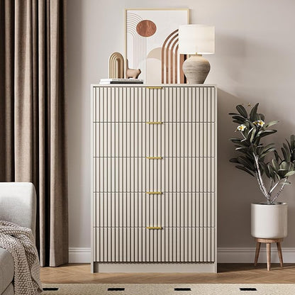 5 Drawer Dresser for Bedroom, Tall Dresser Chest of Drawers with Gold Handles, 32 Inch Wide Nightstand with for Bedroom, Living Rooms, Offices, and Entryways, Beige