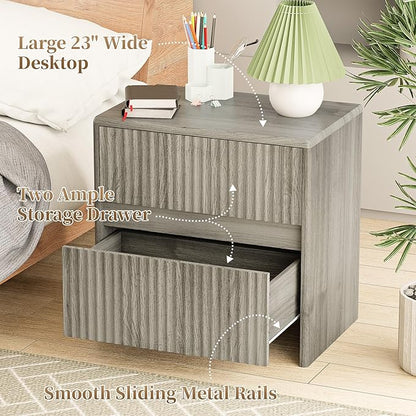 Fleuted Nightstand Set of 2, 23" Wood Bedside Table with 2 Storage Drawers, Modern Night Stand for Bedroom, Office, Grey