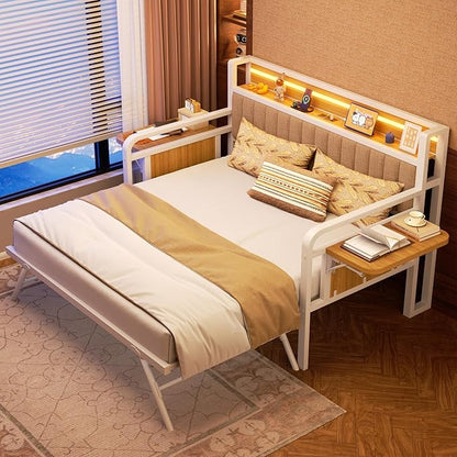 Daybed with Trundle, Twin Trundle Bed Frame - Metal Day Bed with LED Lights, Upholstered Storage Headboard & Charging Station, Pop Up Sleeper, Modern Design for Living Room and Guest Room-White