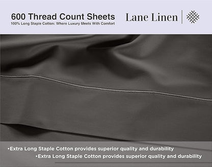 LANE LINEN 600 Thread Count 100% Mercerized Cotton Machine Wash Full Size Bed Sheets Set, Fully Elasticized Fitted Sheet, European Closure Pillow Cases, Z Hem Top Sheet, Soft & Comfy Sheets - Charcoal