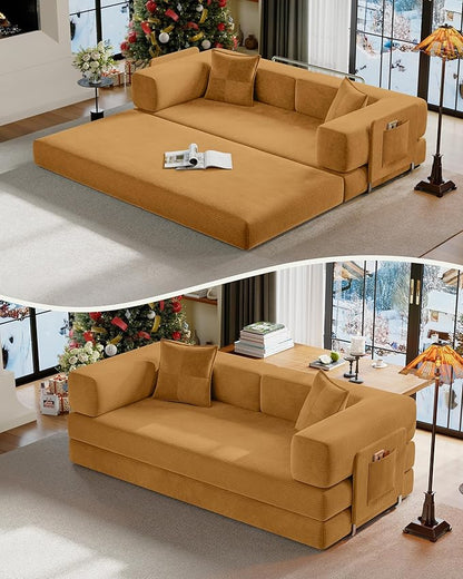 78.8" Convertible Futon Sofa Bed,Corduroy Futon Couch with Storage Pocket,Folding Pull Out Sofa,No Assembly Boneless Couch for Living Room,Yellow