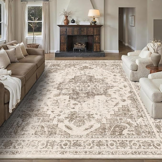 9x12 Vintage Washable Area Rugs Boho Medallion Large Distressed Retro Accent Carpet Floral Non-Slip Soft Low Pile Indoor Throw Rug for Living Room Bedroom Dining Room Office Kitchen, Taupe