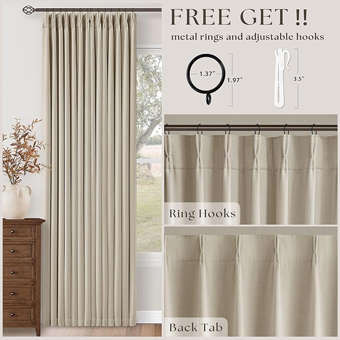 Beige Oatmeal Linen Pinch Pleated 100% Blackout Curtains 90 Inch Length 2 Panels Set Pinch Pleat Curtains Black Out Blocking Room Darkening Drapes with Liner for Bedroom Living Room Window 40x90