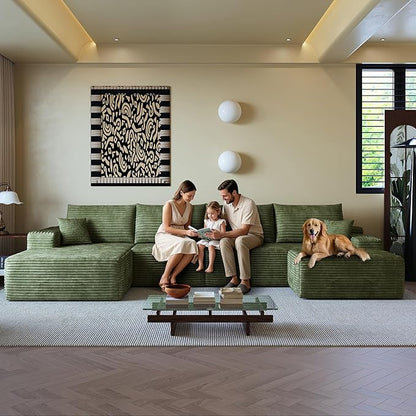 136" Sectional Couches for Living Room Modern Modular Sofa with L-Shape Couchs Upholstered Boneless Couch Deep Seat Sectional Couch with Chaise (Green, Left Facing Chaise+3Seaters+Ottoman)