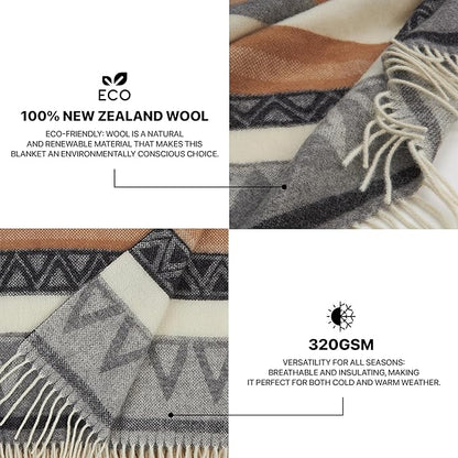| Wool Blanket/Throw | 100% New Zealand Wool | Perfect for Home and Outdoors | Virgin Wool Throw with Fringes 67"x79" (170 x 200 cm)