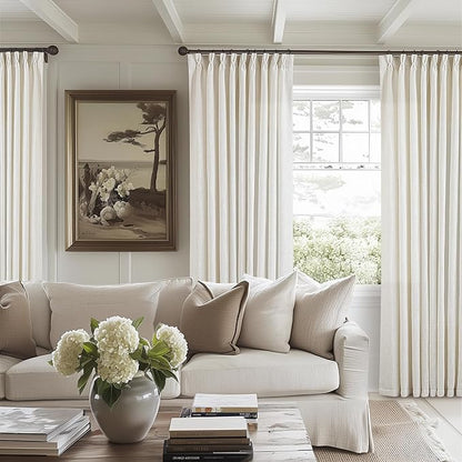 Extra Wide Pinch Pleat Curtains 84 Inches Long for Patio Sliding Glass Door Natural Cream Linen 60 Inch Wide Curtain Memory Trained Pleated Drapes Hooks Rings 60x84 Curtain for Large Window 1 Panel