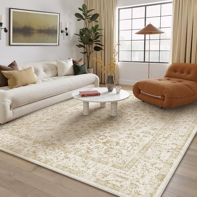 6x9 Brown Area Rug Non Slip Vintage Living Room Distressed Machine Washable Carpet Traditional Indoor Bedroom Brown Retro Floral Accent Throw Rug for Office Kitchen Dorm Dining Room