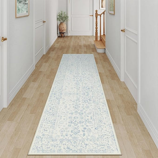 2x8 Blue Runner Rug Hallway Non Slip Kitchen Vintage Distressed Long Carpet Indoor Machine Washable Retro Floral Bedroom Accent Throw Rug for Office Laundry Bathroom Dining Living Room