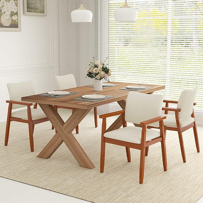 thksbought Set of 2 Mid Century Modern Walnut Dining Chairs Wood Arm Beige Fabric Kitchen Cafe Living Room Decor Furniture