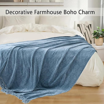 Chenille Throw Blanket for Couch 50"X 60", Soft Cozy Throws with Fringe Tassel for Bed Sofa Chair Cover, Lightweight Knitted Decorative Boho Blankets for Living Room, Dusty Blue