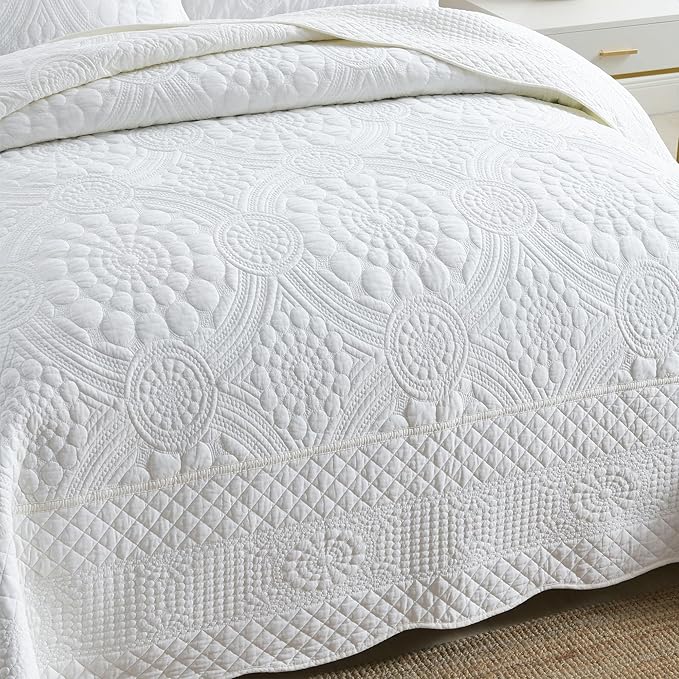 MarCielo 100% Cotton Quilt Set - 3-Piece Embroidered Farmhouse Bedspread & Shams, All-Season Breathable Bedding (Tf Bright White,King)